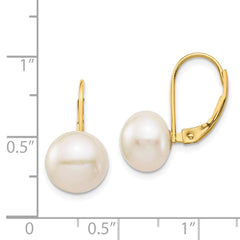 14K Yellow Gold 9-10mm White Button FWC Pearl Leverback Earrings