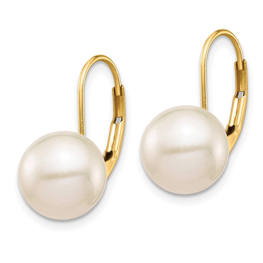 14K Yellow Gold 9-10mm White Round FWC Pearl Leverback Earrings