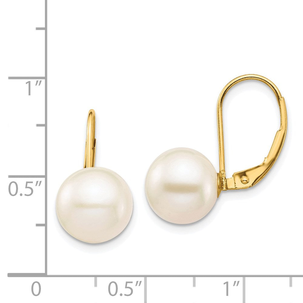 14K Yellow Gold 9-10mm White Round FWC Pearl Leverback Earrings