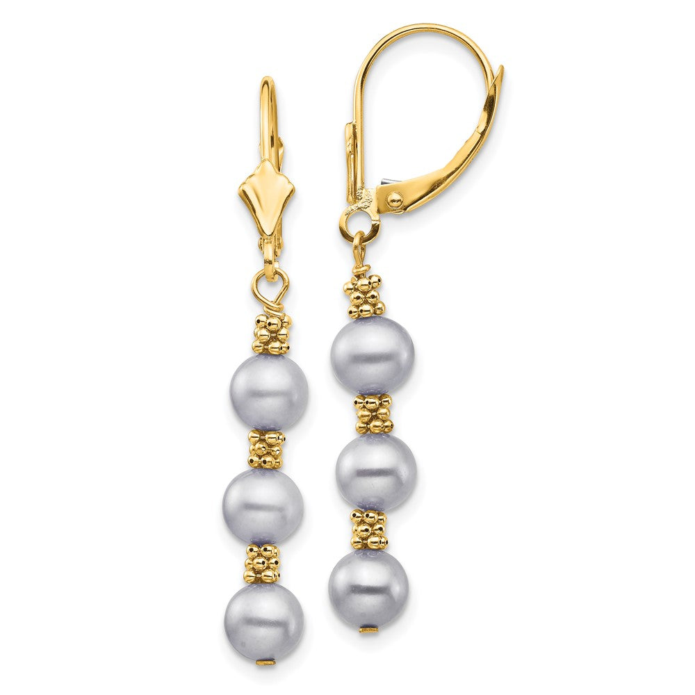 14K Yellow Gold 5-6mm Grey Semi-round FWC Pearl Leverback Earrings