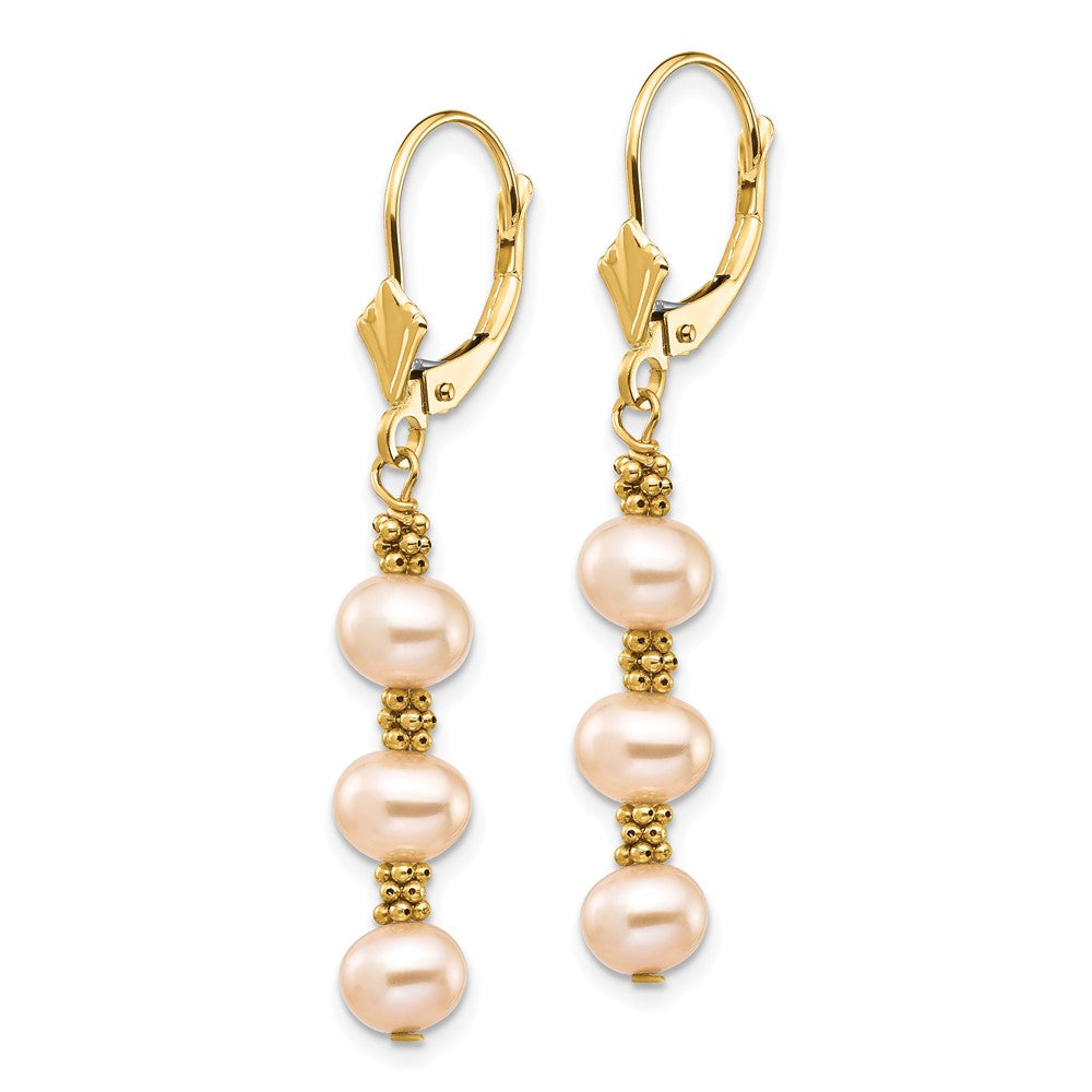14K Yellow Gold 5-6mm Pink Semi-round Freshwater Culutured Pearl Leverback Earrings