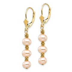 14K Yellow Gold 5-6mm Pink Semi-round Freshwater Culutured Pearl Leverback Earrings