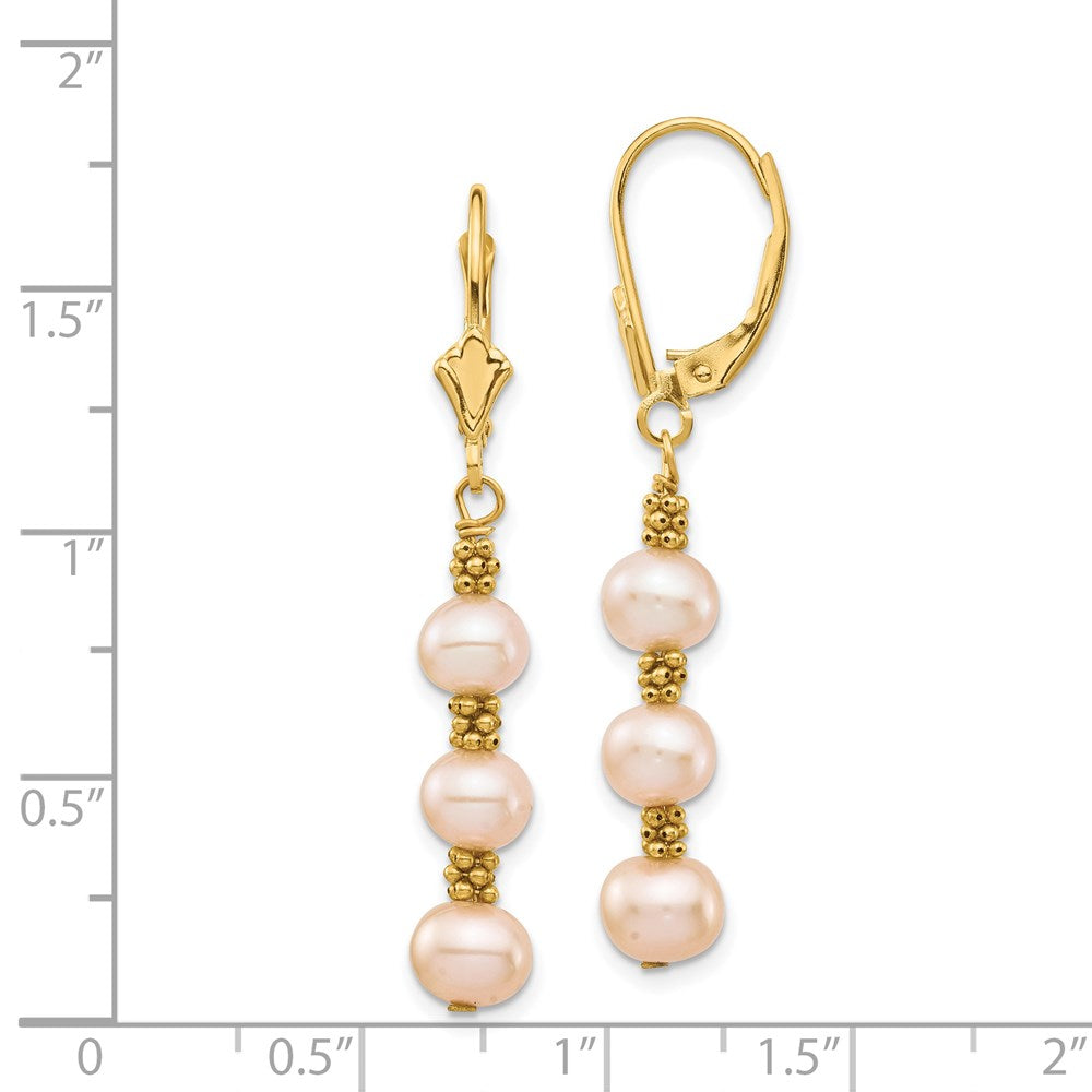 14K Yellow Gold 5-6mm Pink Semi-round Freshwater Culutured Pearl Leverback Earrings