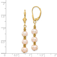14K Yellow Gold 5-6mm Pink Semi-round Freshwater Culutured Pearl Leverback Earrings