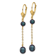 14K Yellow Gold 5-7mm Black Rice FWC Pearl Leverback Earrings