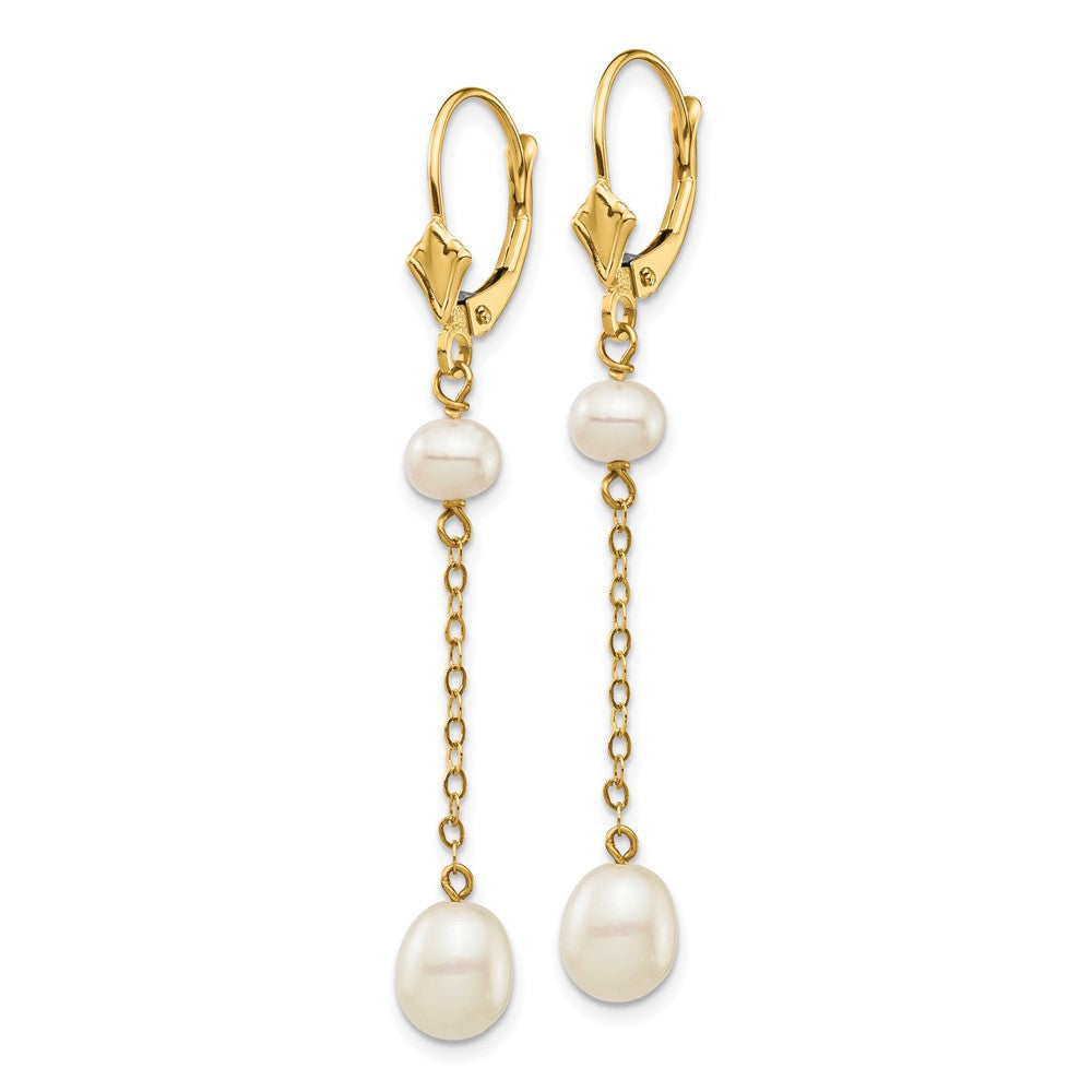 14K Yellow Gold 5-7mm White Rice FWC Pearl Leverback Earrings