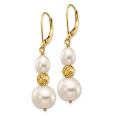 14K Yellow Gold 6-10mm White FWC Pearl Diamond-cut Bead Leverback Earrings