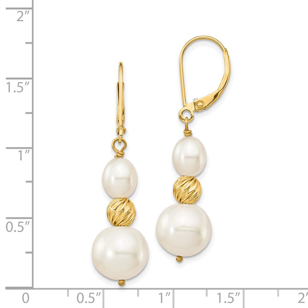 14K Yellow Gold 6-10mm White FWC Pearl Diamond-cut Bead Leverback Earrings