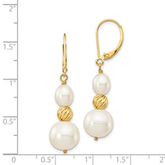 14K Yellow Gold 6-10mm White FWC Pearl Diamond-cut Bead Leverback Earrings