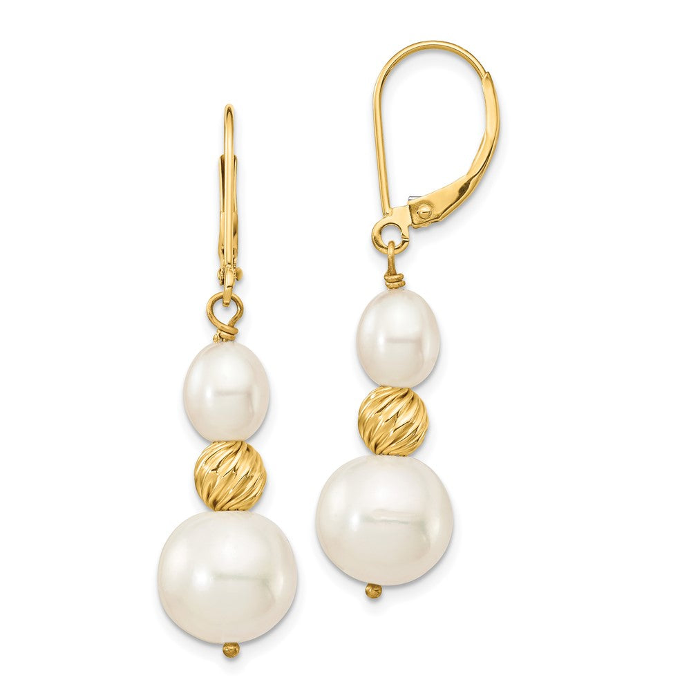 14K Yellow Gold 6-10mm White FWC Pearl Diamond-cut Bead Leverback Earrings