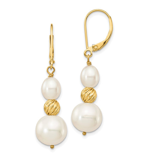 14K Yellow Gold 6-10mm White FWC Pearl Diamond-cut Bead Leverback Earrings