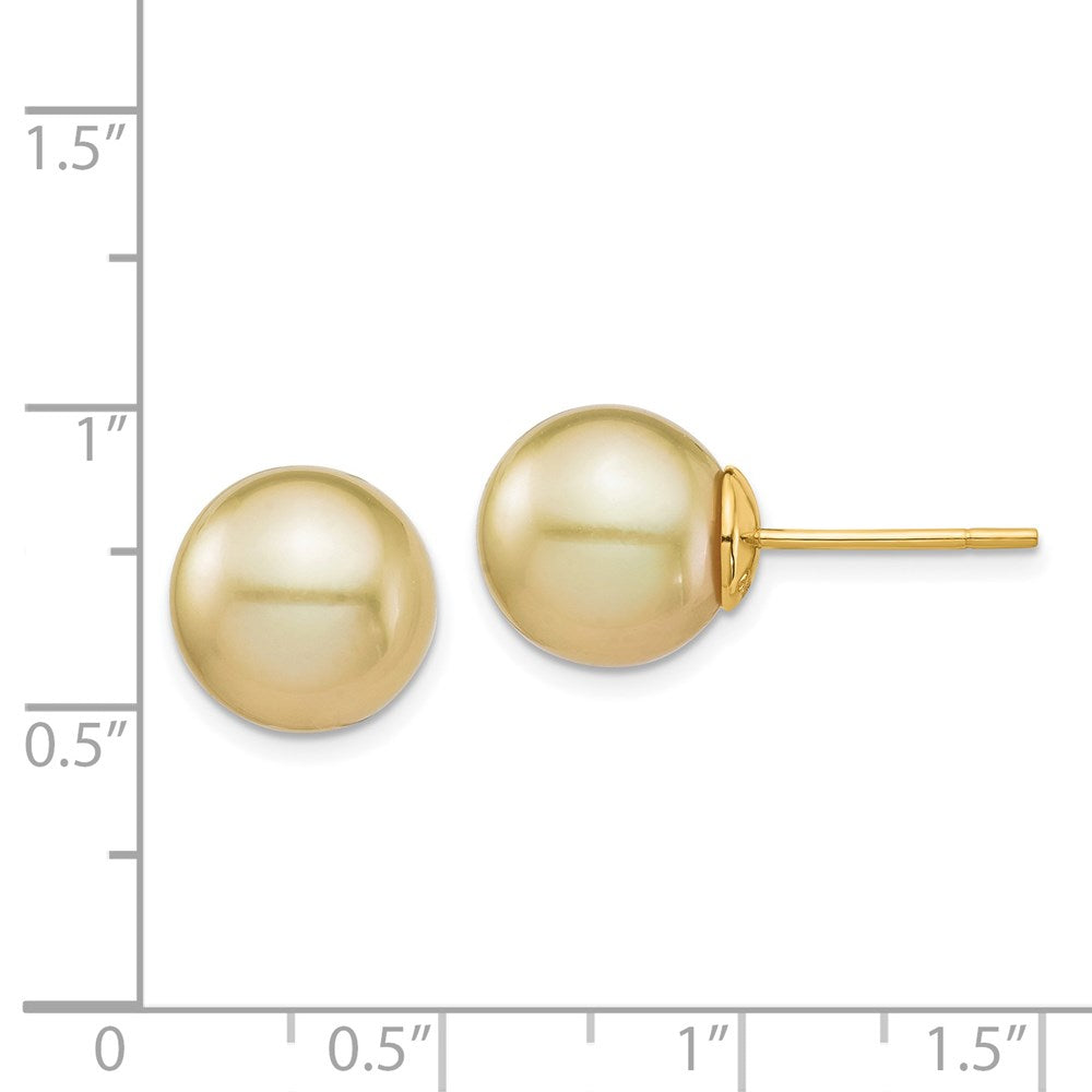 14K Yellow Gold 10-11mm Golden Round Saltwater Cultured South Sea Pearl Post Earrings