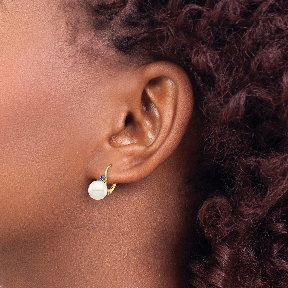 14K Yellow Gold 8-8.5mm White Round FWC Pearl Tanzanite Leverback Earrings