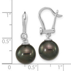 14K White Gold 9-10mm Round Black Saltwater Tahitian Pearl .10ct Diamond Dang