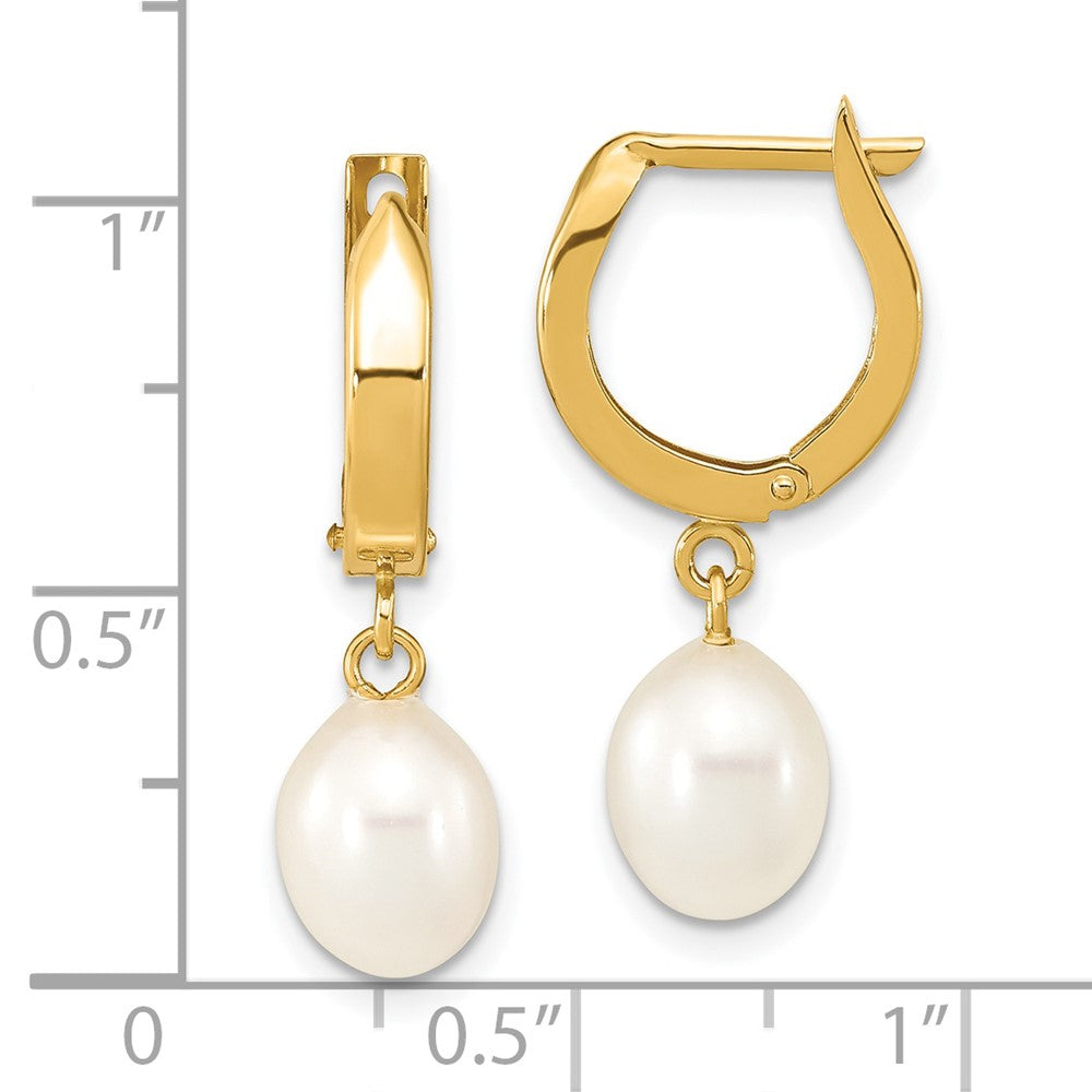 14K Yellow Gold 6-7mm Rice White FWC Pearl Hoop Dangle Earrings