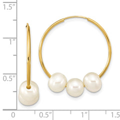 14K Yellow Gold 6-7mm Semi-round White FWC Pearl Hoop Dangle