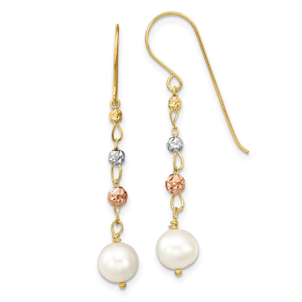 14K Two-Tone Gold Diamond-cut FWC Pearls Dangle Earrings