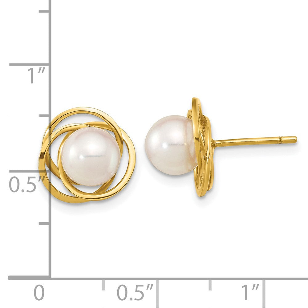 14K Yellow Gold 6-7mm Round White Saltwater Akoya Pearl Post Earrings