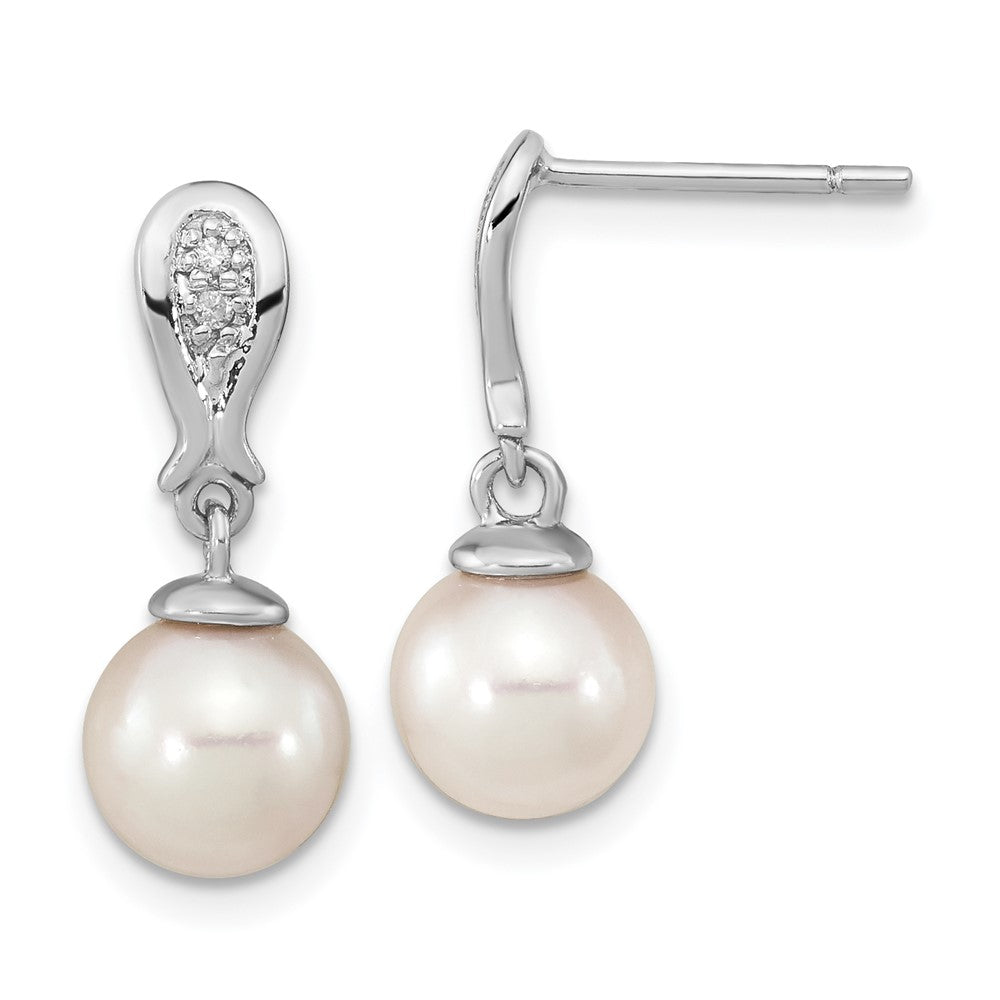 14K White Gold 7-8mm Round White Saltwater Akoya Pearl .03ct Diamond Dangle Earrings