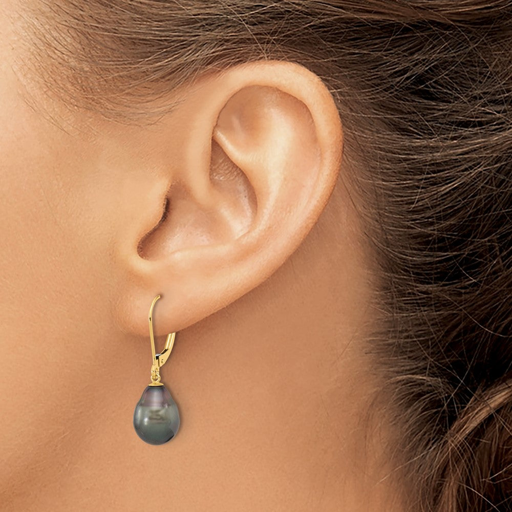 14K Yellow Gold 8-9mm Teardrop Blk SaltwaterTahitian Pearl Leverback Earrings