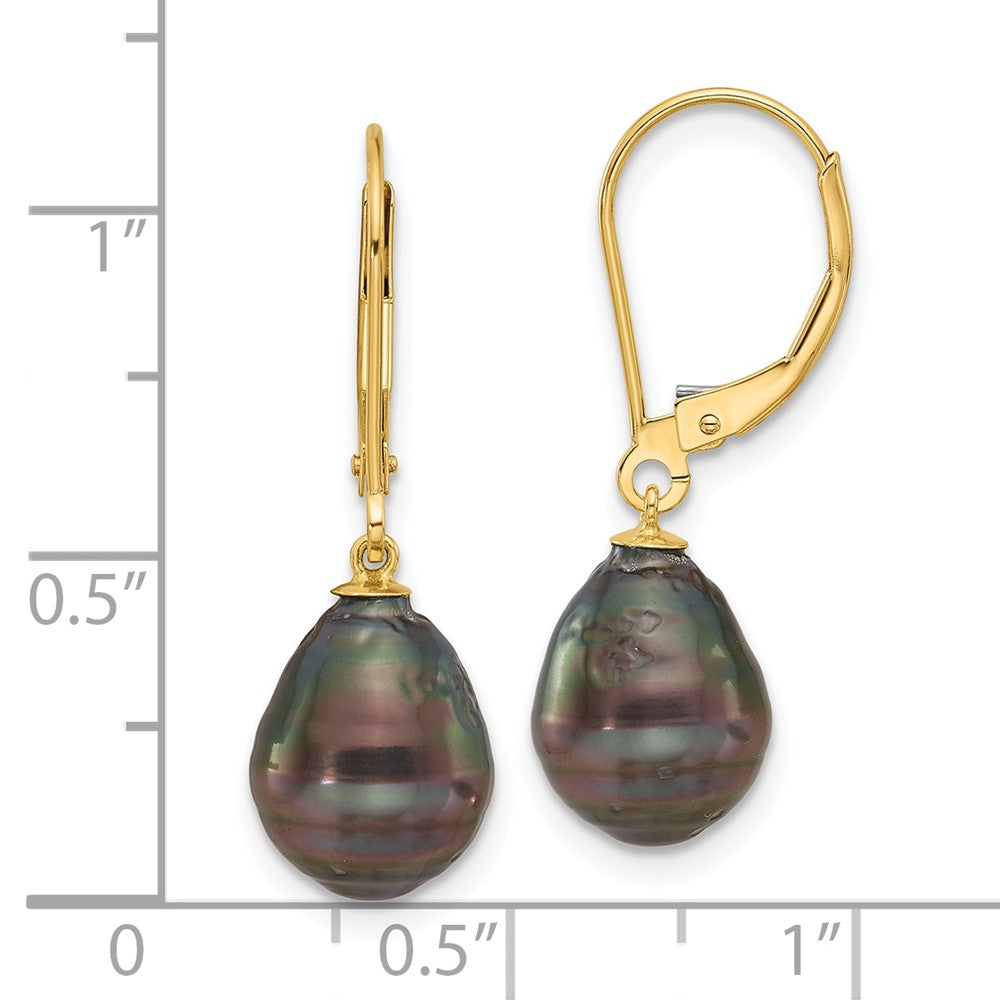 14K Yellow Gold 8-9mm Teardrop Blk SaltwaterTahitian Pearl Leverback Earrings