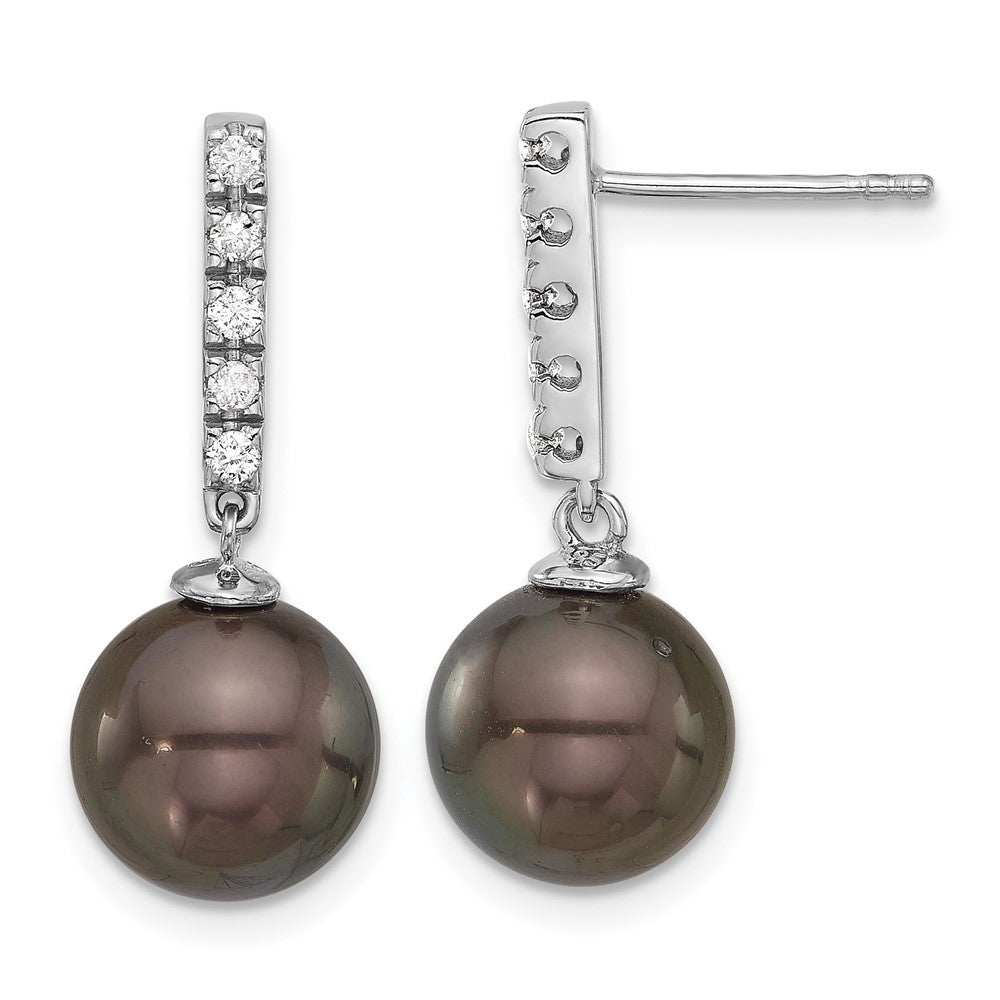 14K White Gold 9-10mm Round Black Tahitian Pearl .20ct Diamond Earrings