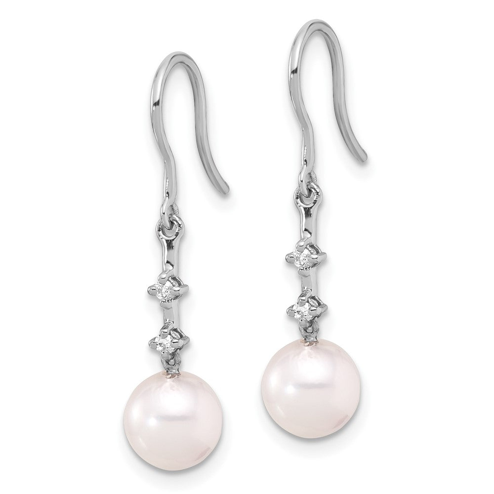 14K White Gold 7-8mm Wht Akoya Pearl .04ct Diamond Shepherd Hook Earrings