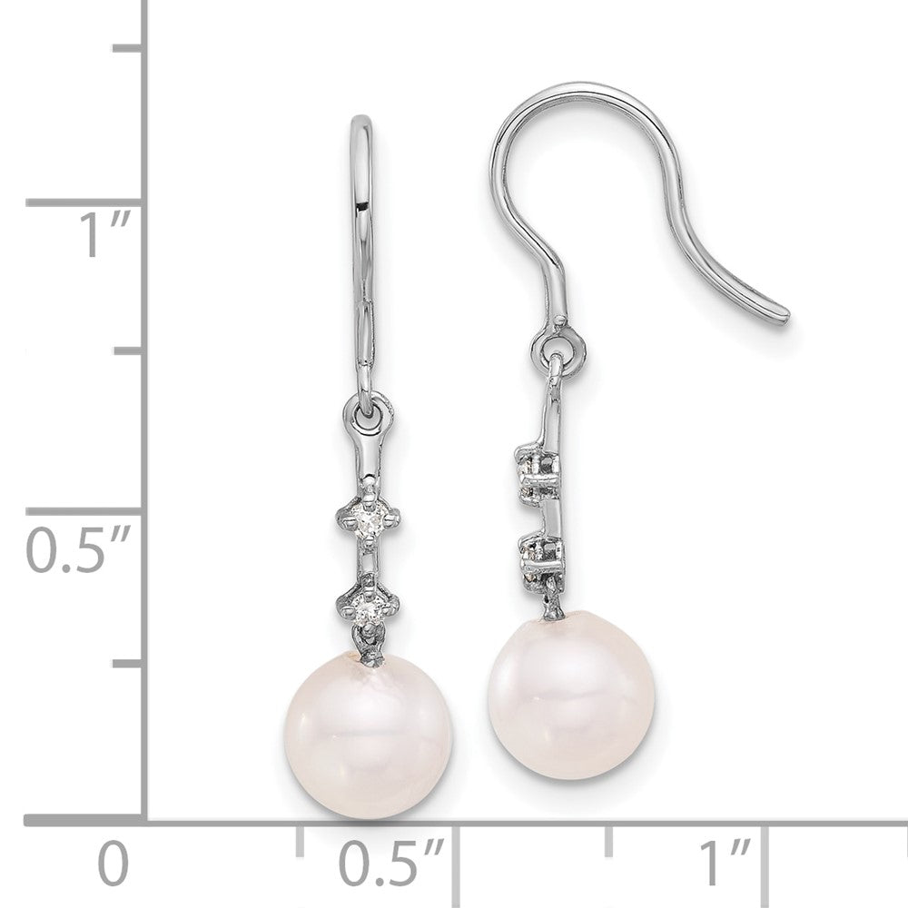 14K White Gold 7-8mm Wht Akoya Pearl .04ct Diamond Shepherd Hook Earrings