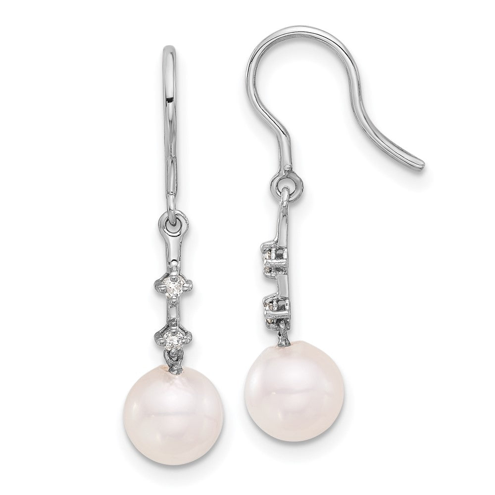 14K White Gold 7-8mm Wht Akoya Pearl .04ct Diamond Shepherd Hook Earrings