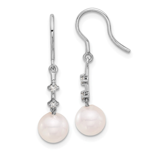 14K White Gold 7-8mm Wht Akoya Pearl .04ct Diamond Shepherd Hook Earrings