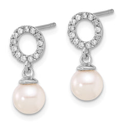 14K White Gold 6-7mm Rnd White Akoya Pearl and .20ct Diamond Dangle Earrings