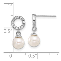 14K White Gold 6-7mm Rnd White Akoya Pearl and .20ct Diamond Dangle Earrings