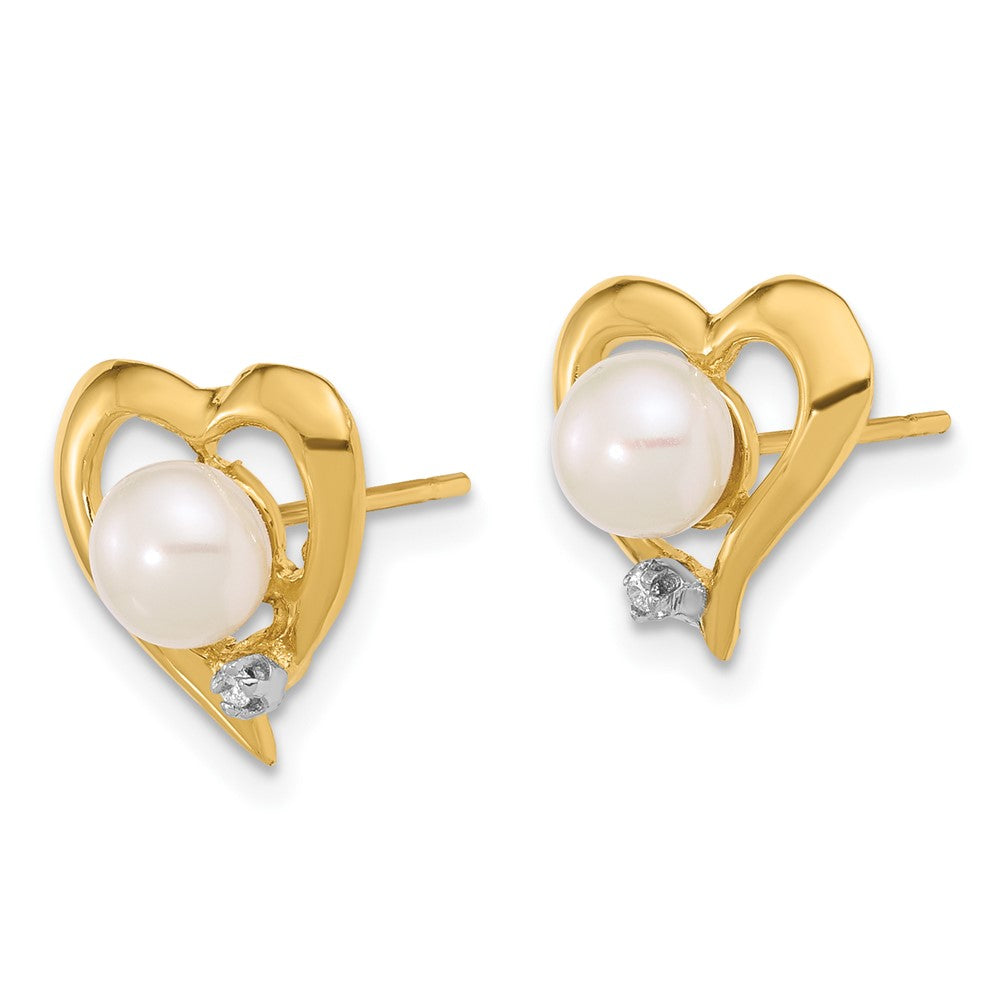 14K Yellow Gold 5-6mm Button White FWC Pearl .02ct Diamond Heart Post Earrings