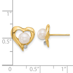 14K Yellow Gold 5-6mm Button White FWC Pearl .02ct Diamond Heart Post Earrings