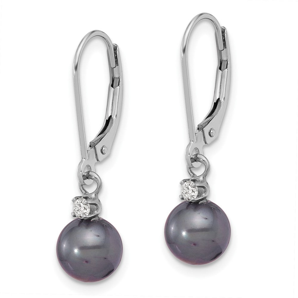 14K White Gold 7-8mm Round Black FWC Pearl .10ct Diamond Dangle Earrings
