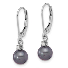 14K White Gold 7-8mm Round Black FWC Pearl .10ct Diamond Dangle Earrings
