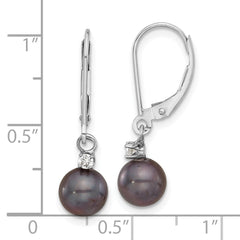 14K White Gold 7-8mm Round Black FWC Pearl .10ct Diamond Dangle Earrings