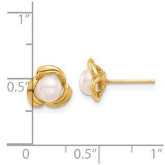 14K Yellow Gold 4-5mm Round White FWC Pearl Flower Post Earrings