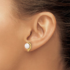 14K Yellow Gold 7-8mm Button White FWC Pearl Post Earrings