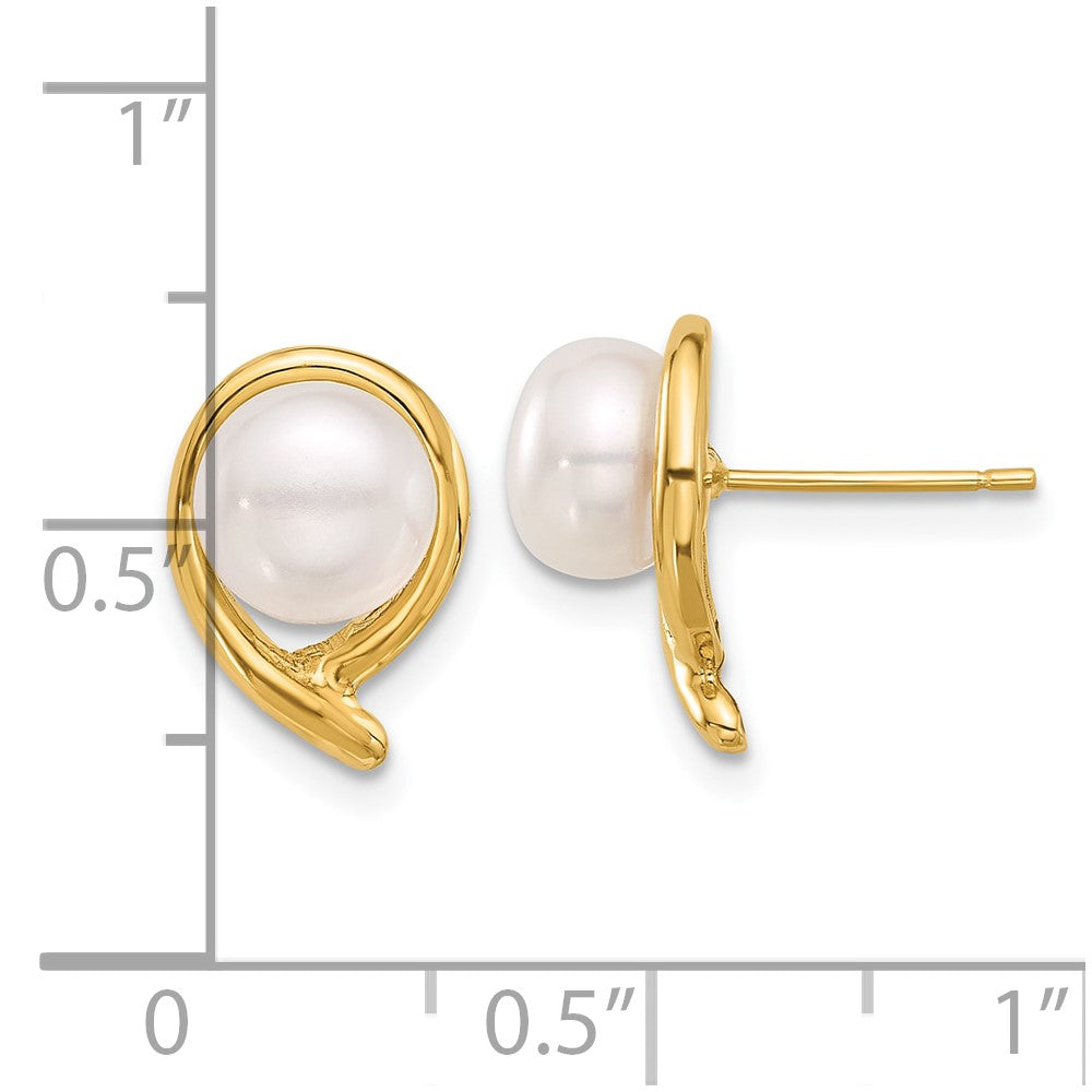 14K Yellow Gold 7-8mm Button White FWC Pearl Post Earrings