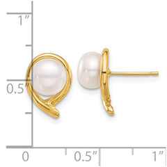14K Yellow Gold 7-8mm Button White FWC Pearl Post Earrings