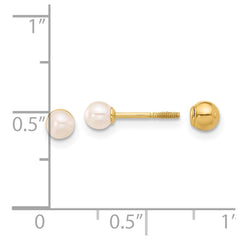 14K Yellow Gold 3-4mm Round FWC Pearl Front and Back Ball Post Earrings