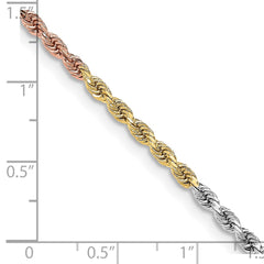 Cadena de cuerda con corte de diamante de 3 mm de oro tricolor de 14 quilates