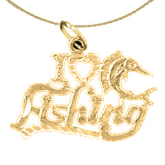 Sterling Silver I Love Fishing Pendant (Rhodium or Yellow Gold-plated)