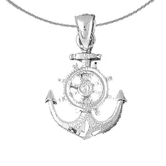 Sterling Silver Anchor With Ships Wheel Pendant (Rhodium or Yellow Gold-plated)