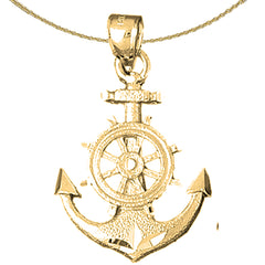 Sterling Silver Anchor With Ships Wheel Pendant (Rhodium or Yellow Gold-plated)