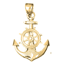 Yellow Gold-plated Silver Anchor With Ships Wheel Pendant