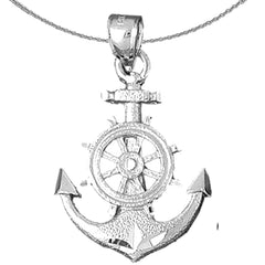 Sterling Silver Anchor With Ships Wheel Pendant (Rhodium or Yellow Gold-plated)