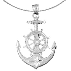 Sterling Silver Anchor With Ships Wheel Pendant (Rhodium or Yellow Gold-plated)