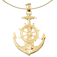 Sterling Silver Anchor With Ships Wheel Pendant (Rhodium or Yellow Gold-plated)